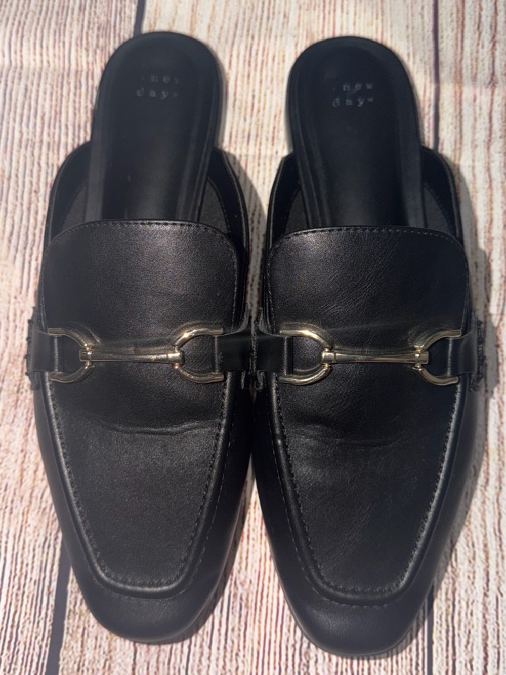 a new day Black Leather Slip-On Mule Loafers with Gold Bit